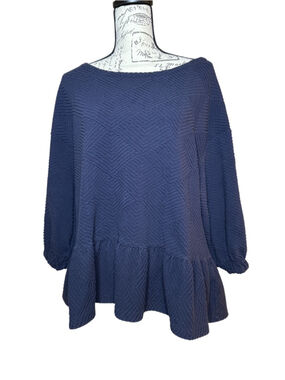Maeve Sz Medium Navy Mikayla Peplum Blouse Jacquard Embossed Pattern Ruffled Hem